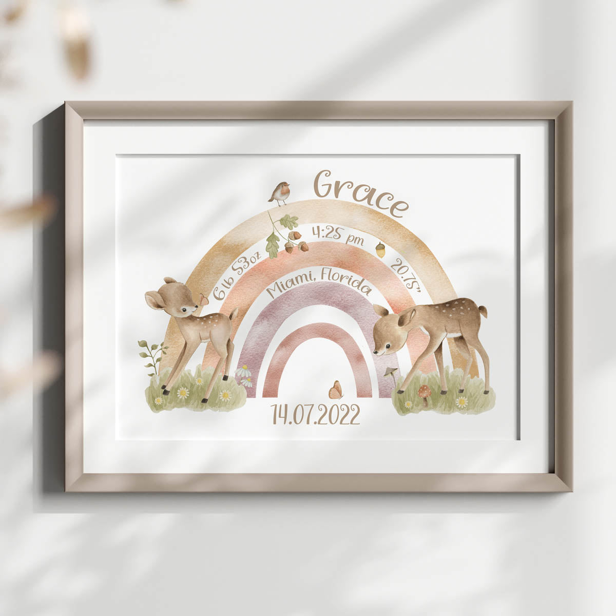 Woodland animals - birth details poster. Newborn gift.