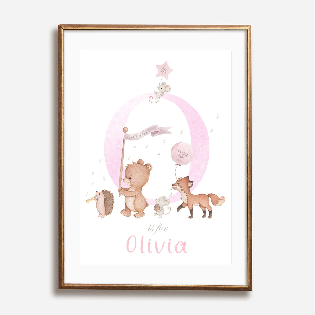 Woodland animals - birth details print. Initial. Baby shower gift.