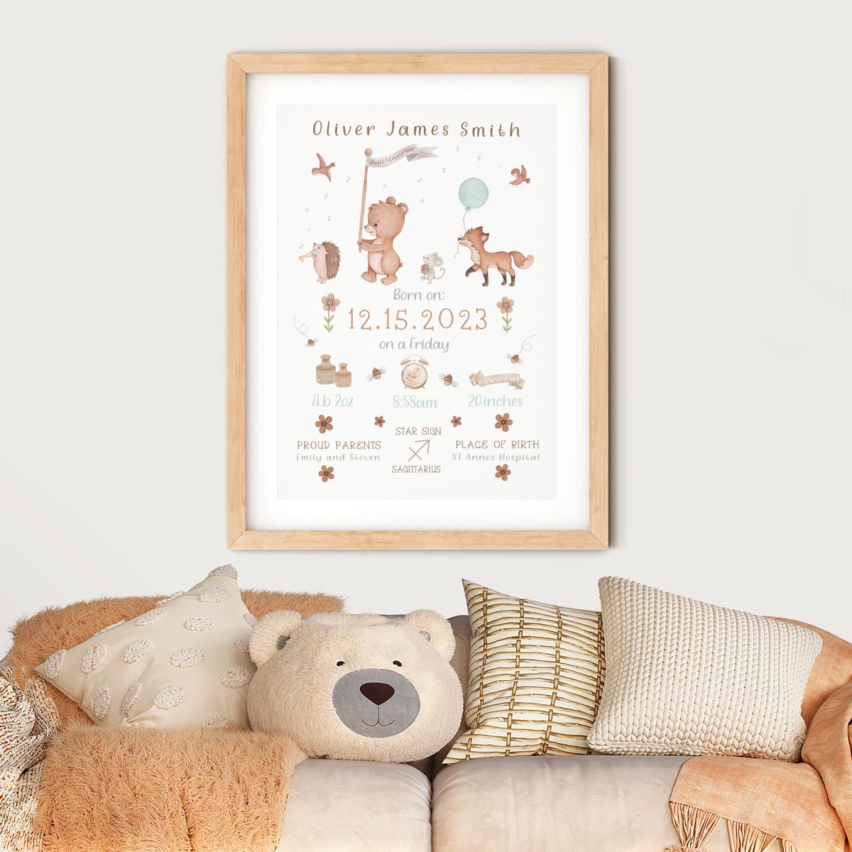 Woodland animals - birth details print. New baby boy gift.