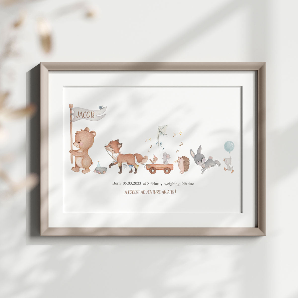 Woodland animals. Birth details print. New baby boy gift.