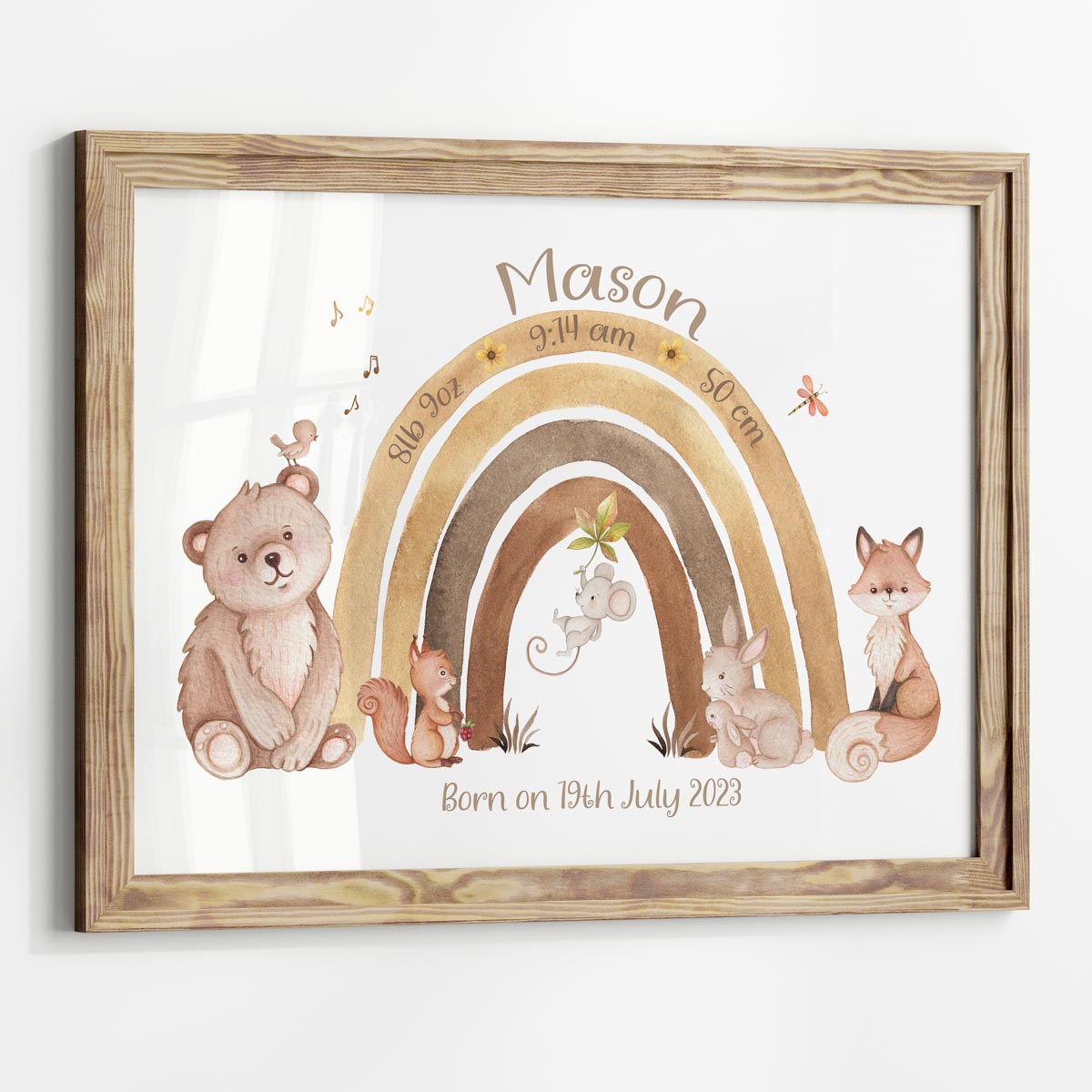 Woodland animals - birth details print. New baby gift.