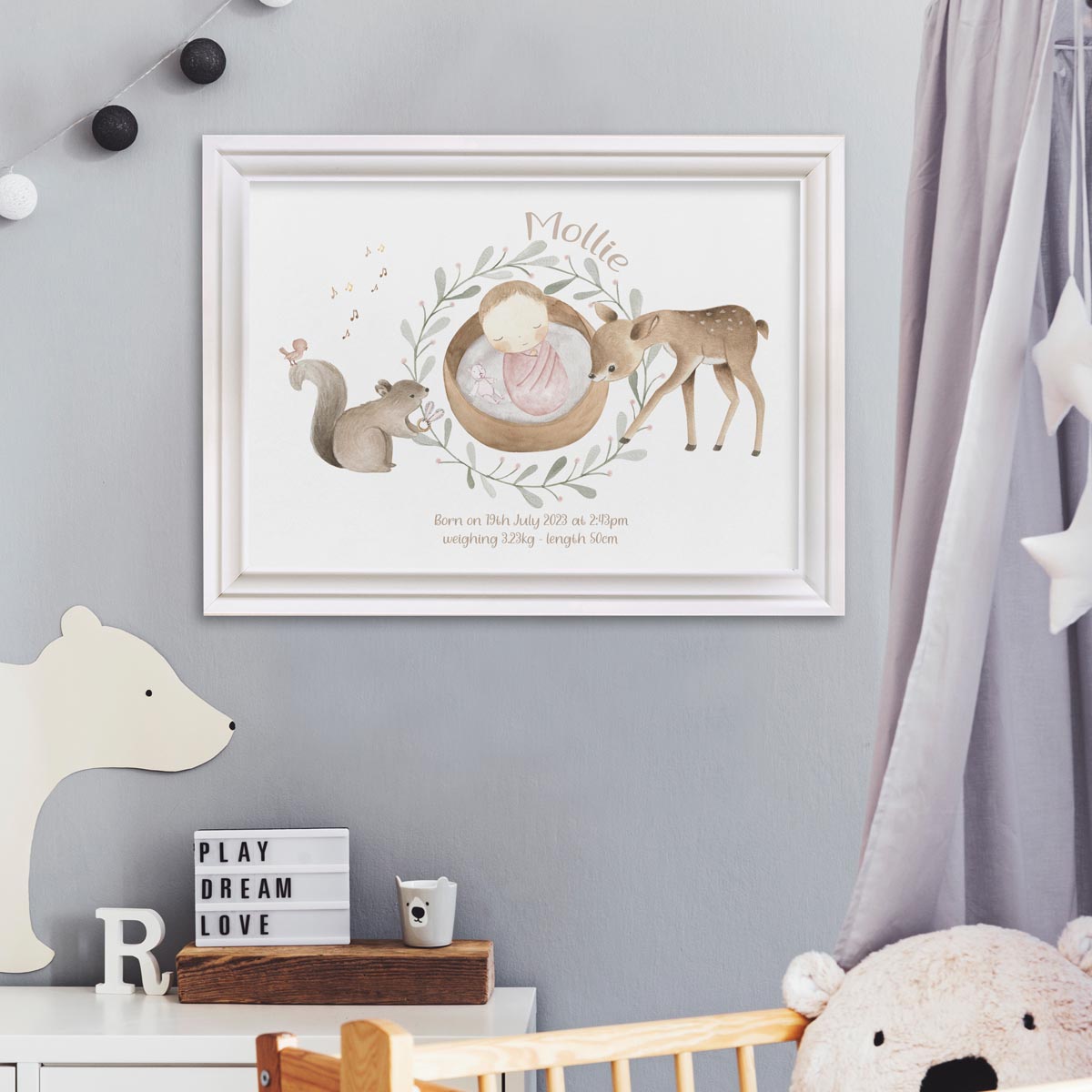 Woodland animals - birth details print. New baby gift.