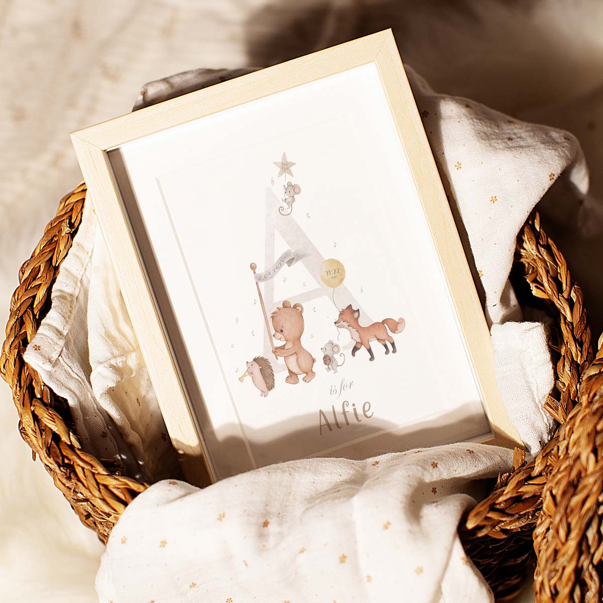 Woodland animals - birth stats print initial. New baby gift.