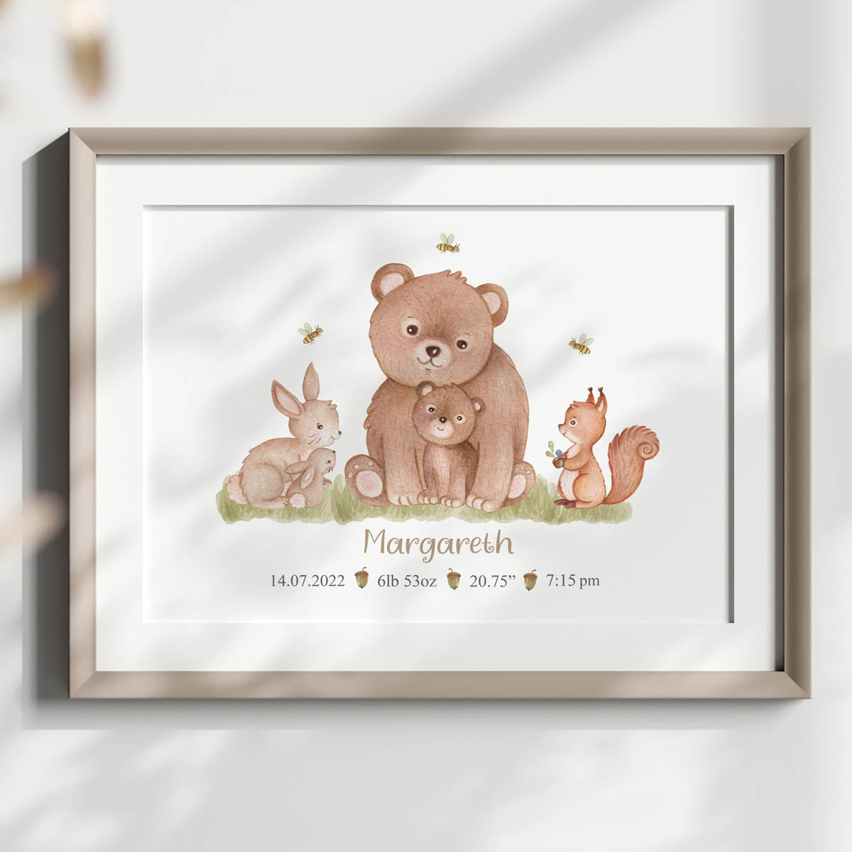 Woodland animals - birth stats print. New baby gift.