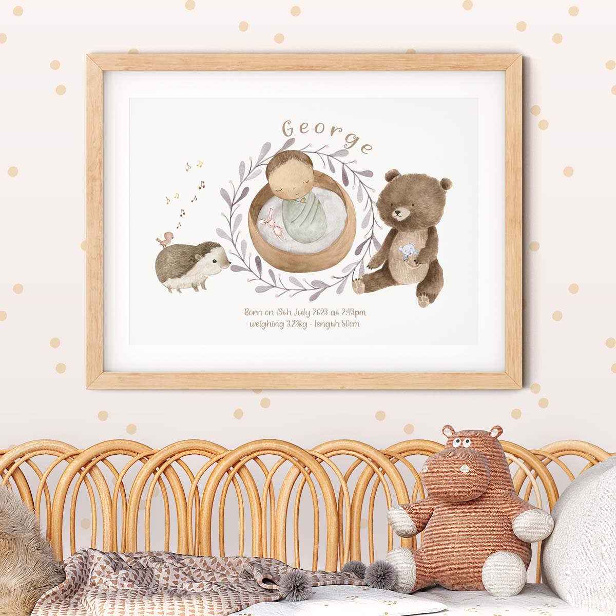 Woodland animals - birth stats print. New baby gift.