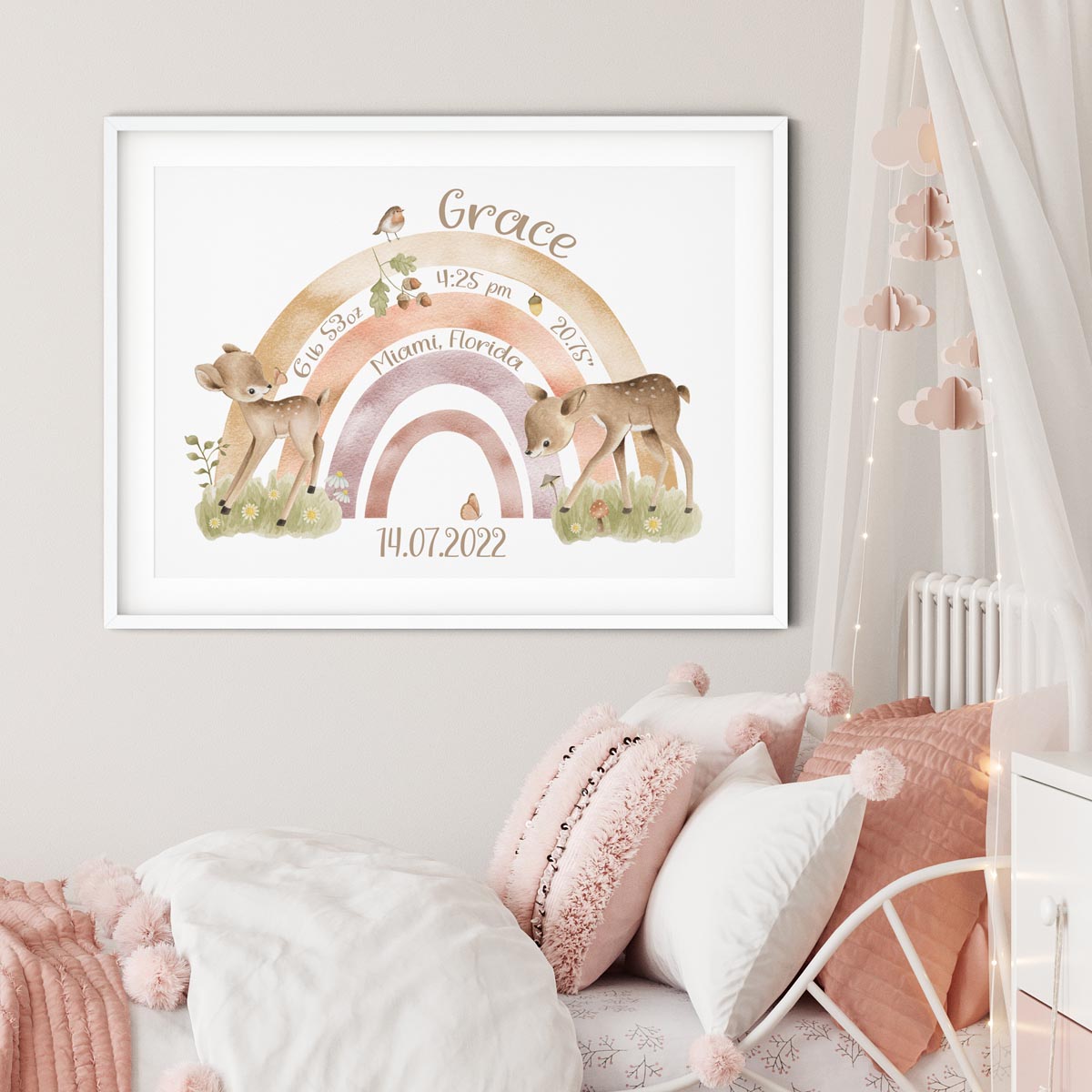 Woodland animals - baby birth stats print. Rainbow.