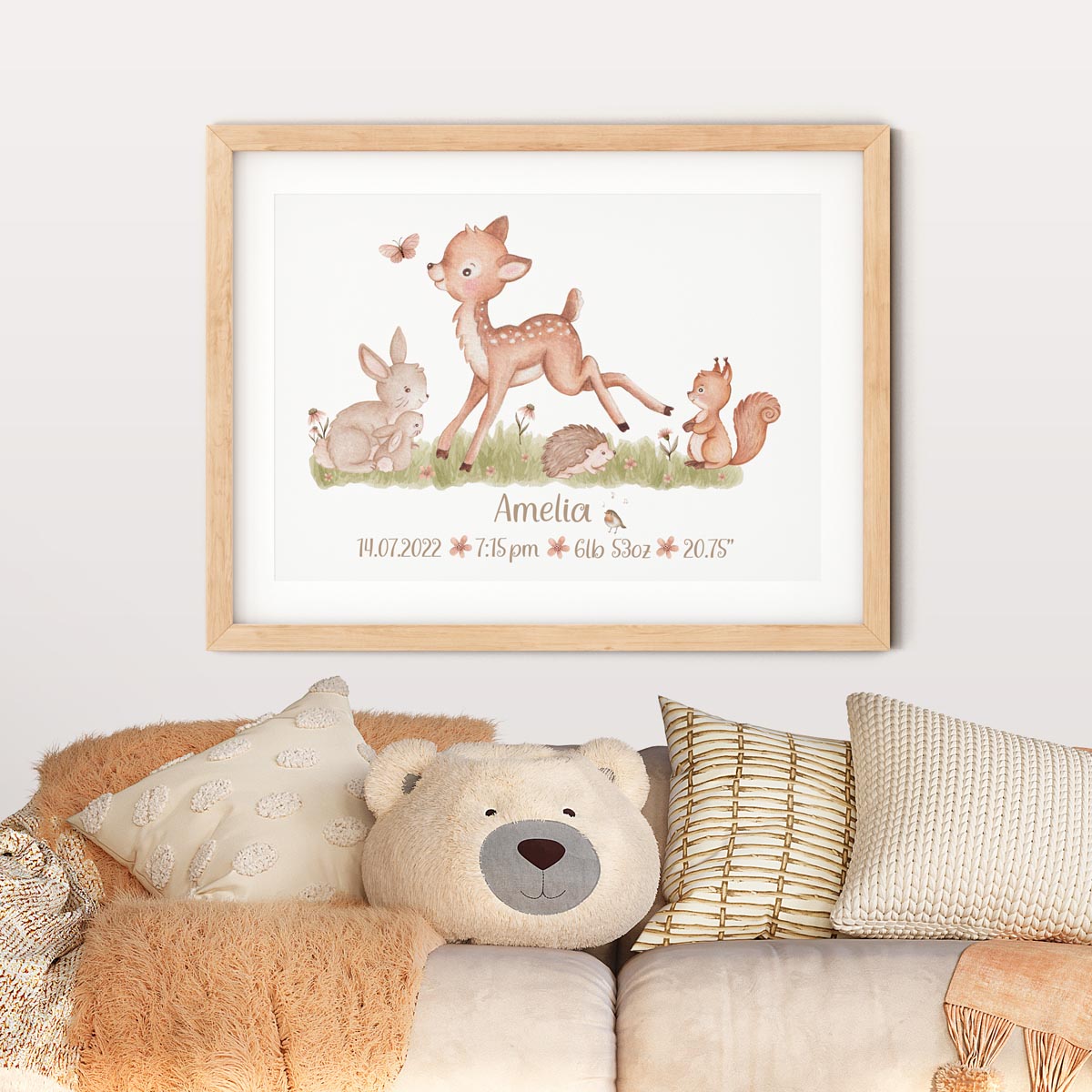 Woodland animals, deer - birth stats print. New baby gift.