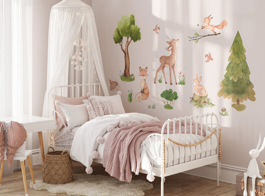 Woodland animals. Girl's room wall decals. Hare, trees, deer and fox.