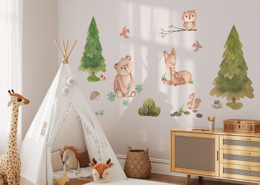 Woodland animals - girl's room wall stickers. Bear, tree, deer and owl.