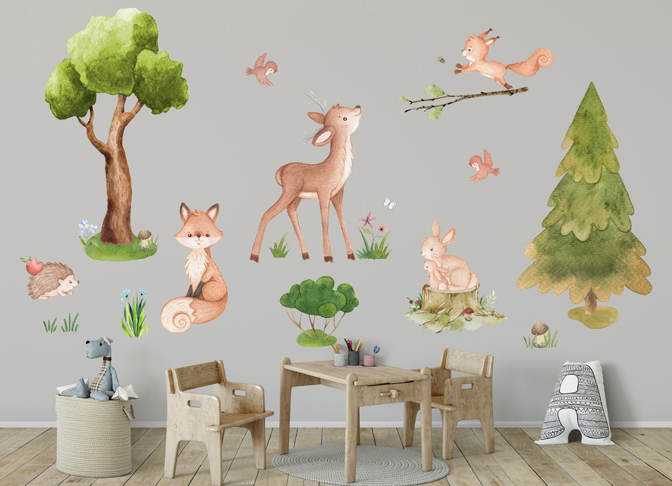 Woodland animals. Wall decals for children room. Fox, birds and squirrel.