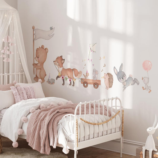 Woodland animals wall stickers. Girl's room. Hare and fox.