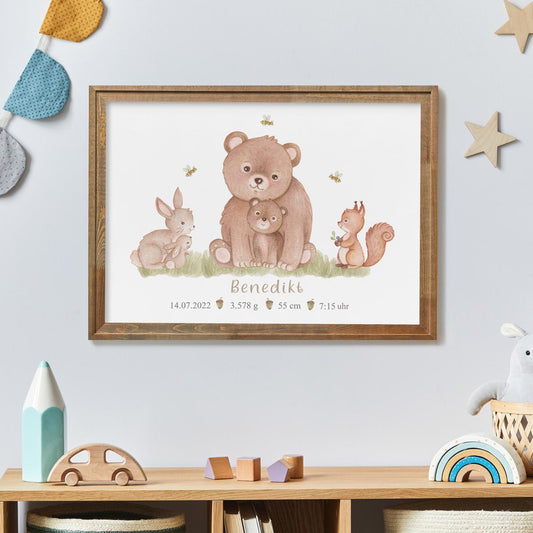 Woodland baby birth print. Bear, squirrel. Gift for boy.